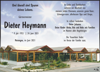 Traueranzeige von Dieter Heymann von Südthüringer Presse