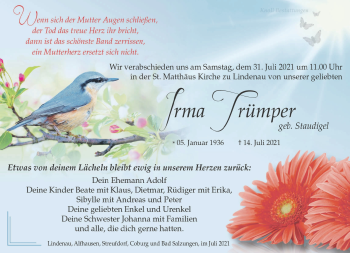 Traueranzeige von Irma Trümper von Südthüringer Presse