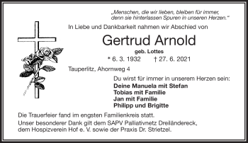 Traueranzeige von Gertrud Arnold von Frankenpost