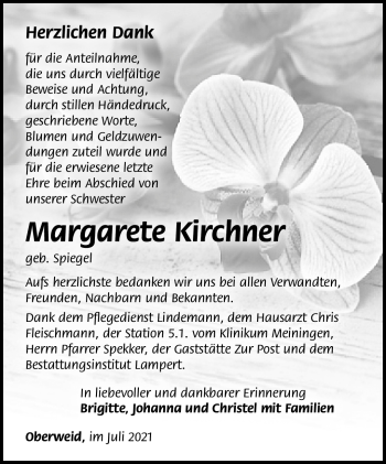 Traueranzeige von Margarete Kirchner von Südthüringer Presse