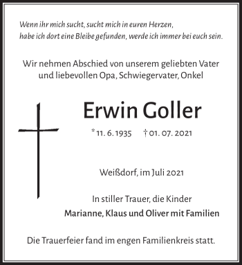 Traueranzeige von Erwin Goller von Frankenpost