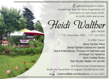 Traueranzeige von Heidi Walther von Südthüringer Presse