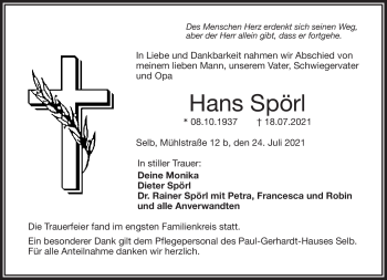 Traueranzeige von Hans Spörl von Frankenpost