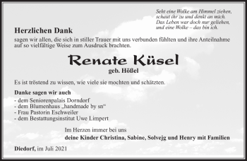 Traueranzeige von Renate Küsel von Südthüringer Presse