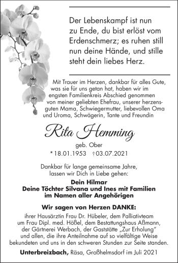 Traueranzeige von Rita Hemming von Südthüringer Presse