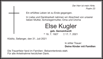 Traueranzeige von Elisabetha Kugler von Frankenpost