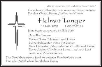 Traueranzeige von Helmut Tunger von Frankenpost