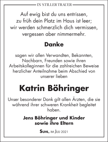 Traueranzeige von Katrin Böhringer von Südthüringer Presse