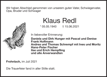 Traueranzeige von Klaus Redl von Neue Presse Coburg