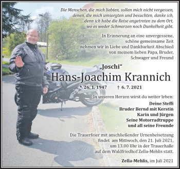 Traueranzeige von Hans-Joachim Krannich von Südthüringer Presse