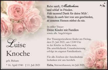 Traueranzeige von Luise Knoche von Südthüringer Presse