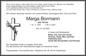 Traueranzeige von Marga Bormann von Frankenpost