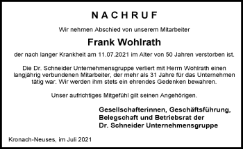 Traueranzeige von Frank Wohlrath von Neue Presse Coburg