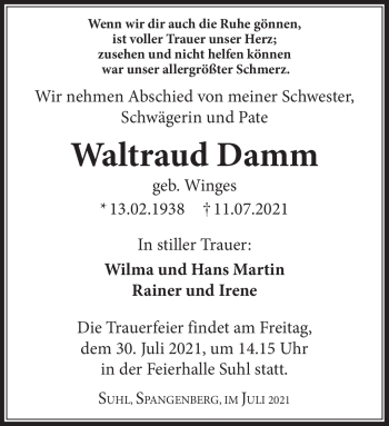 Traueranzeige von Waltraud Damm von Südthüringer Presse
