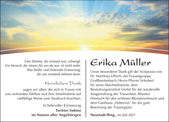 Traueranzeige von Erika Müller von Südthüringer Presse