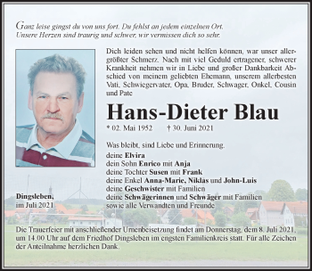 Traueranzeige von Hans-Dieter Blau von Südthüringer Presse