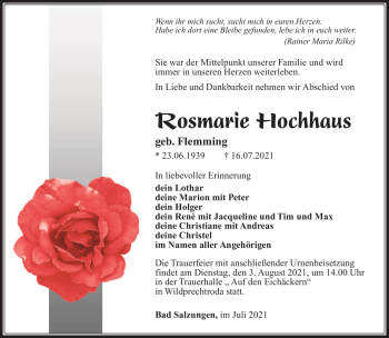 Traueranzeige von Rosmarie Hochhaus von Südthüringer Presse