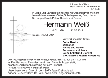 Traueranzeige von Hermann Weiß von Frankenpost