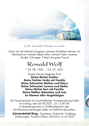 Traueranzeige von Ronald Wolf von Südthüringer Presse