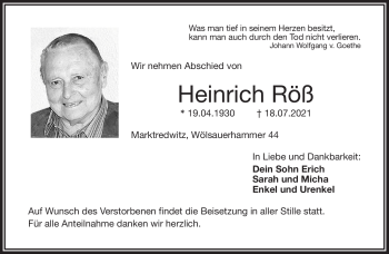 Traueranzeige von Heinrich Röß von Frankenpost