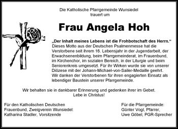 Traueranzeige von Angela Hoh von Frankenpost