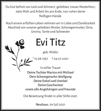 Traueranzeige von Evi Titz von Südthüringer Presse