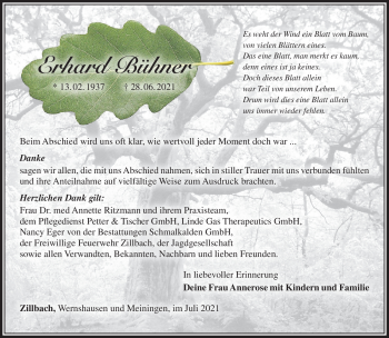 Traueranzeige von Erhard Bühner von Südthüringer Presse
