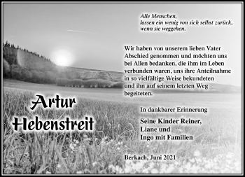 Traueranzeige von Artur Hebenstreit von Südthüringer Presse