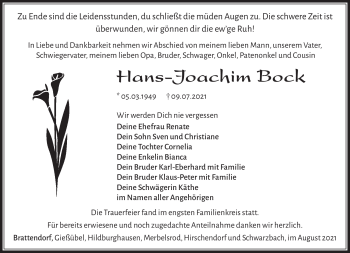 Traueranzeige von Hans-Joachim Bock von Südthüringer Presse