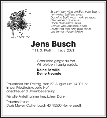 Traueranzeige von Jens Busch von Frankenpost