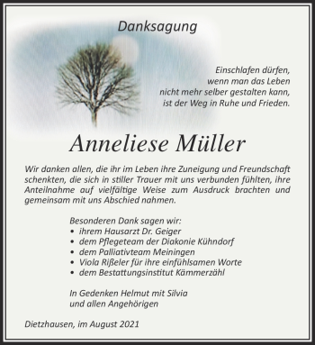Traueranzeige von Anneliese Müller von Südthüringer Presse