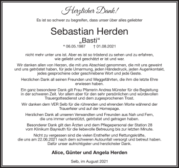 Traueranzeige von Sebastian Herden von Frankenpost