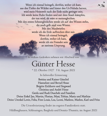 Traueranzeige von Günter Hesse von Südthüringer Presse