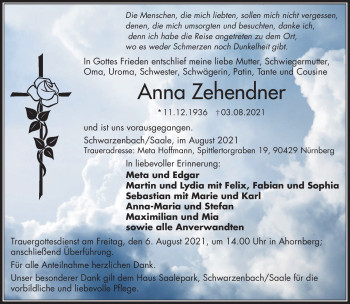 Traueranzeige von Anna Zehendner von Frankenpost