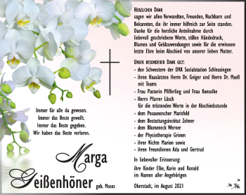 Traueranzeige von Marga Geißenhöner von Südthüringer Presse