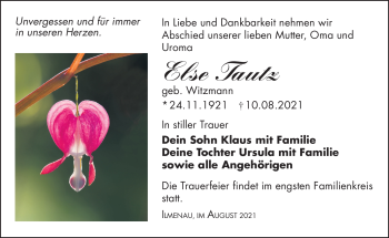 Traueranzeige von Else Tautz von Südthüringer Presse