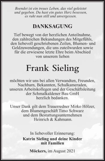 Traueranzeige von Frank Siegling von Südthüringer Presse