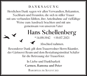 Traueranzeige von Hans Schellenberg von Südthüringer Presse