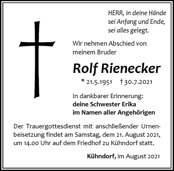 Traueranzeige von Rolf Rienecker von Südthüringer Presse