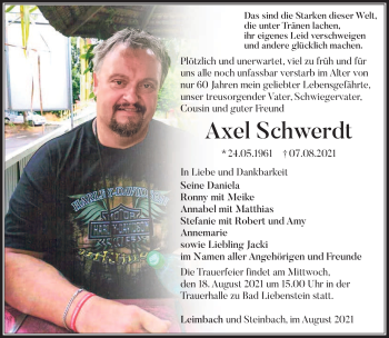 Traueranzeige von Axel Schwerdt von Südthüringer Presse