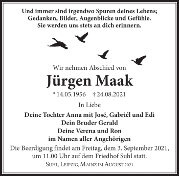 Traueranzeige von Jürgen Maak von Südthüringer Presse