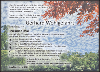 Traueranzeige von Gerhard Wohlgefahrt von Südthüringer Presse