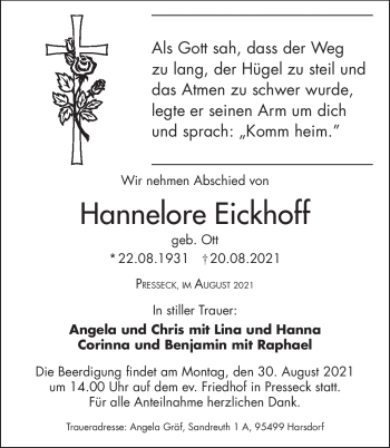 Traueranzeige von Hannelore Eickhoff von Frankenpost