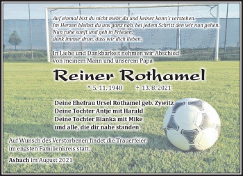 Traueranzeige von Reiner Rothamel von Südthüringer Presse