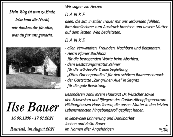 Traueranzeige von Ilse Bauer von Südthüringer Presse