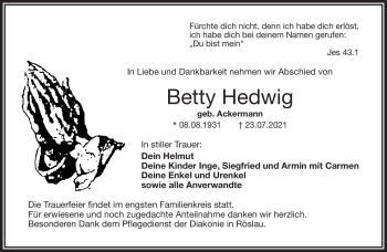 Traueranzeige von Betty Hedwig von Frankenpost
