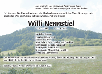 Traueranzeige von Willi Nennstiel von Südthüringer Presse