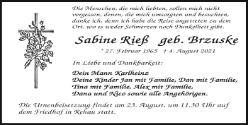 Traueranzeige von Sabine Rieß von Frankenpost