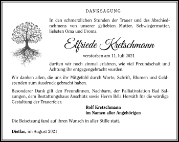 Traueranzeige von Elfriede Kretschmann von Südthüringer Presse
