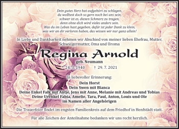 Traueranzeige von Regina Arnold von Südthüringer Presse